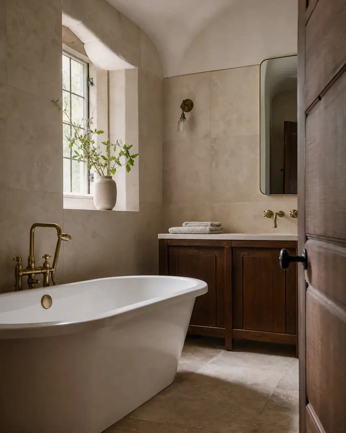 Concept image of a limestone bathroom with oak and brass details