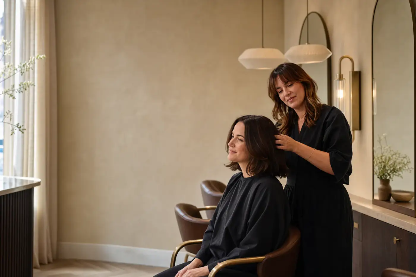 Stylist finishing a client's brunette haircut in a warm independent salon