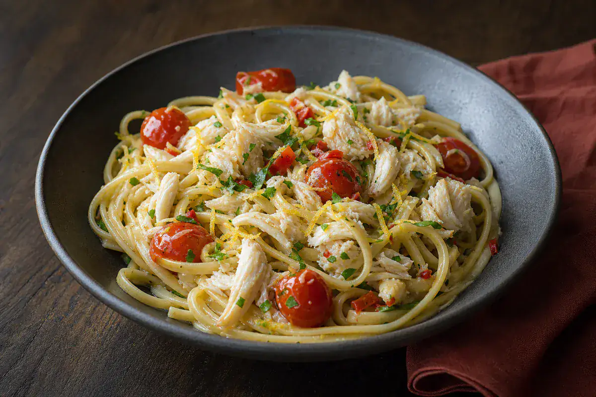 Whitby crab linguine with tomatoes, chilli, lemon and parsley