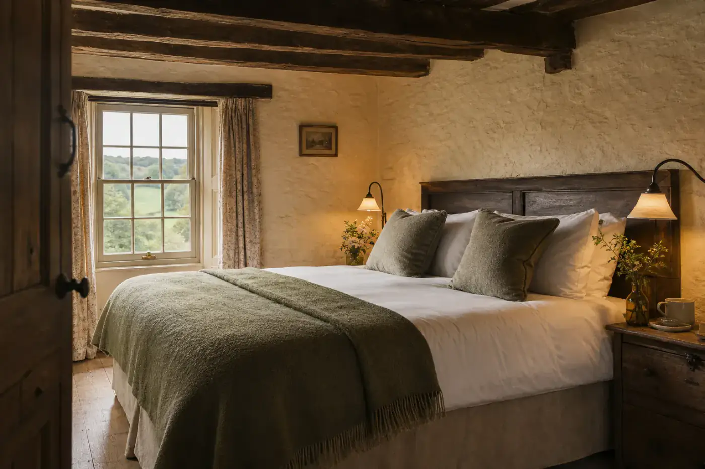 A quiet country-inn bedroom with oak beams, crisp linen and a view over the valley