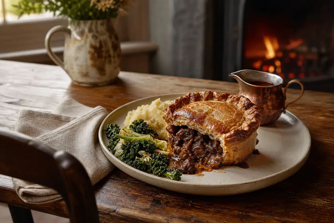 Golden venison and ale pie with buttered greens and a copper gravy jug