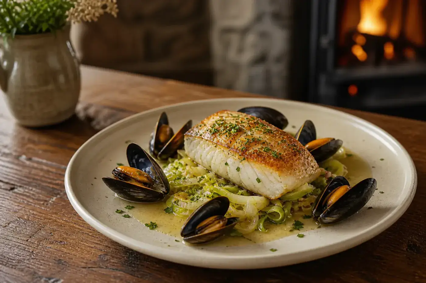 Day-boat pollock with buttered leeks, mussels and cider sauce