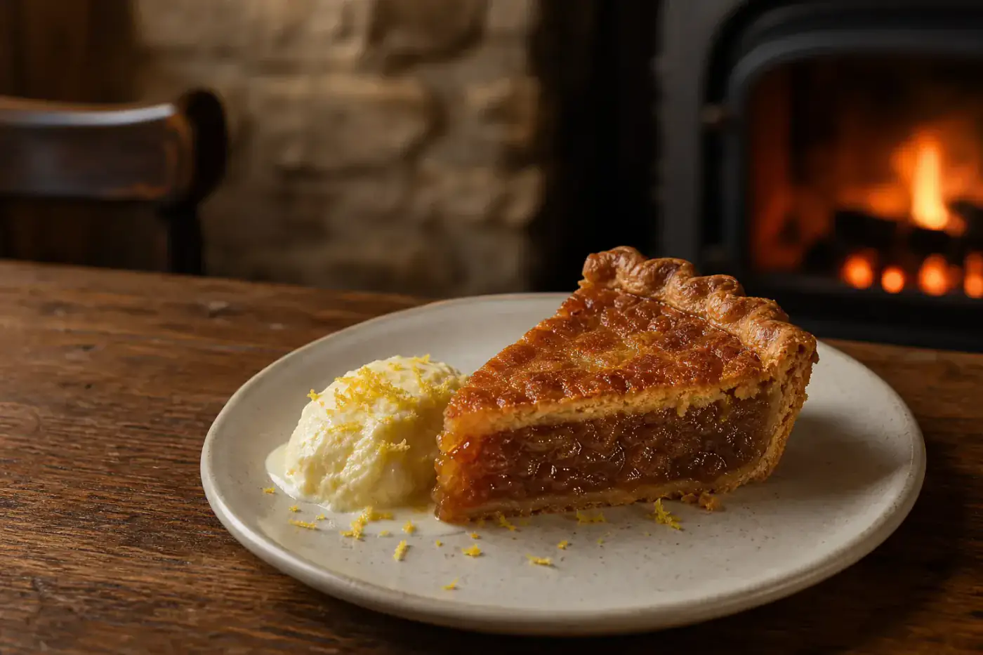 Warm treacle tart with clotted cream beside the fire