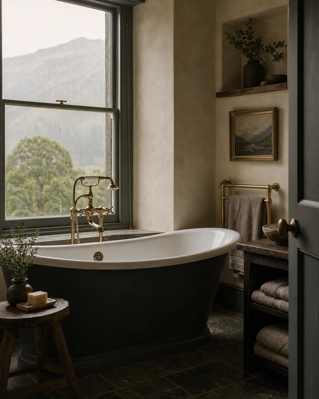 A roll-top bath beside a rain-streaked window