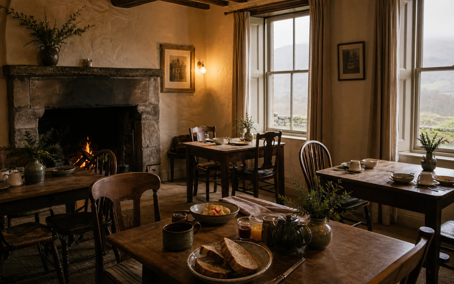 Breakfast laid beside the fire in a small Lakeland dining room