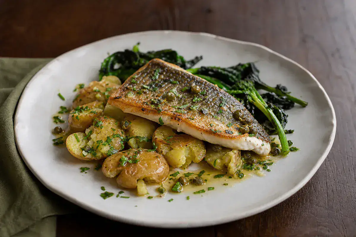 Pan-roasted North Sea hake with crushed potatoes, greens and caper butter