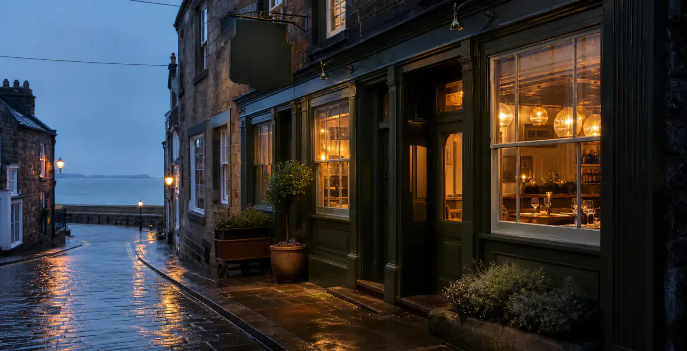 Salt & Hawthorn concept restaurant on a warmly lit Whitby street