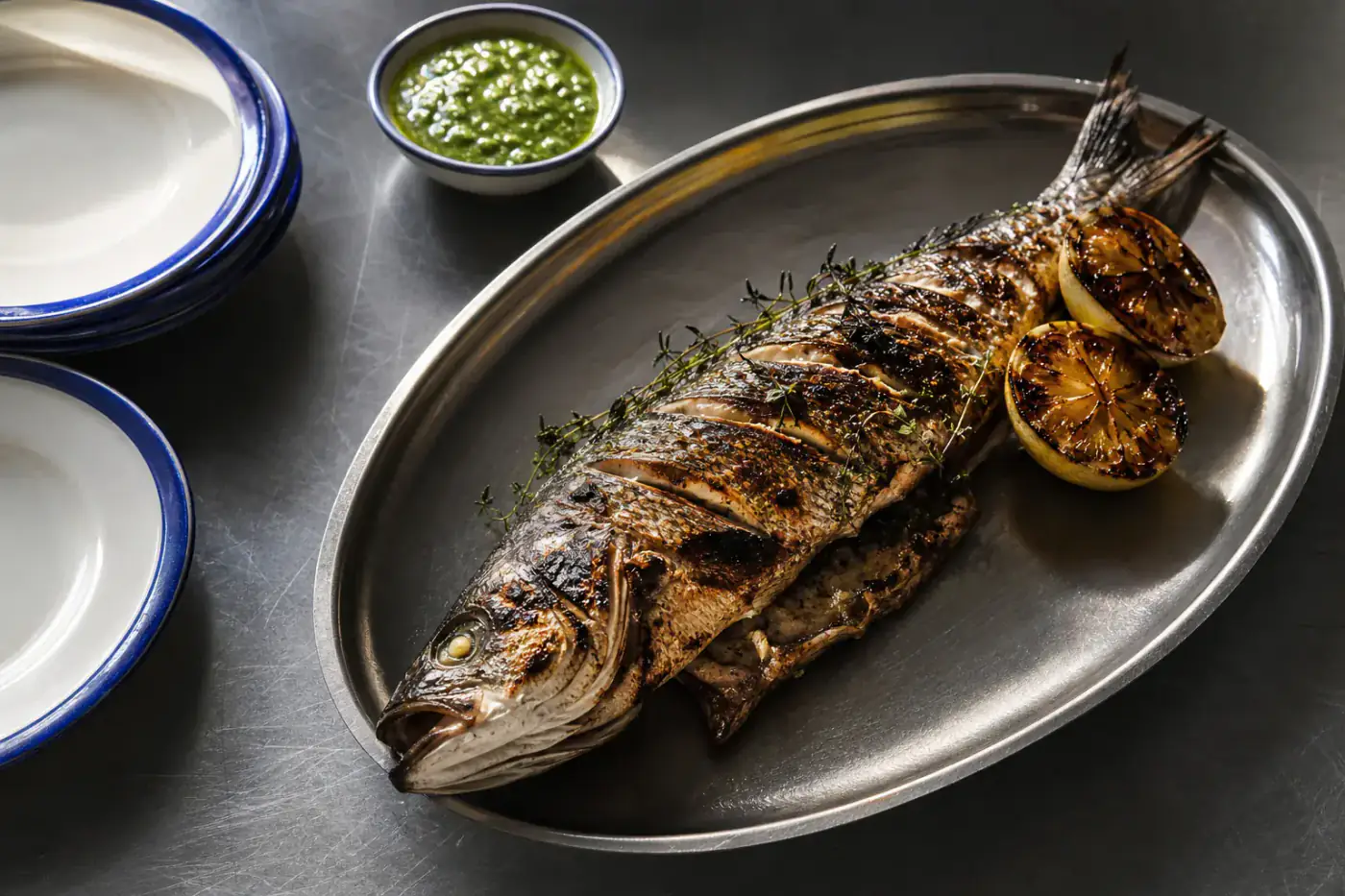 Fire-grilled whole sea bass with charred lemon and green sauce