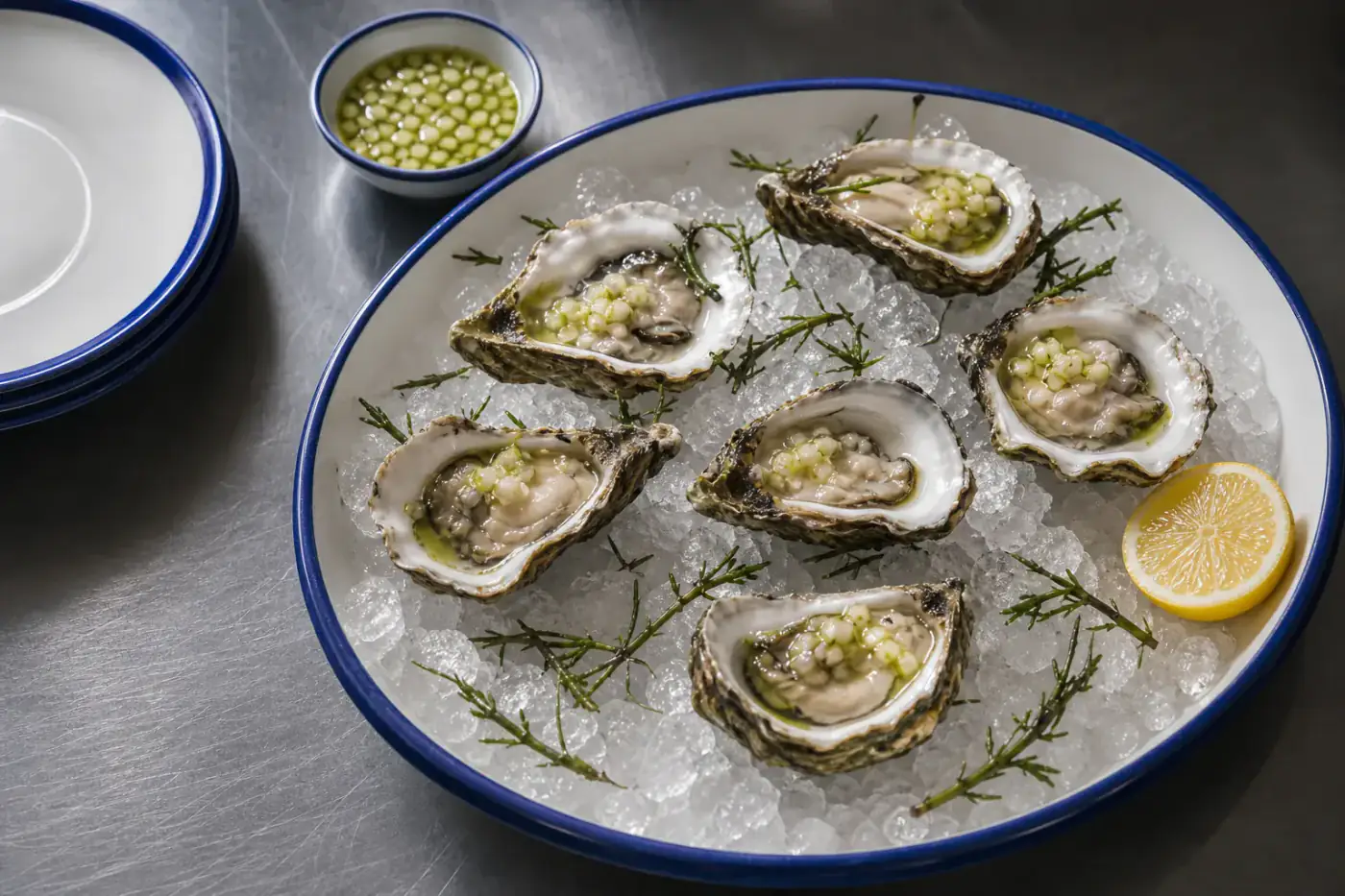 Six British oysters on crushed ice with apple mignonette and sea herbs
