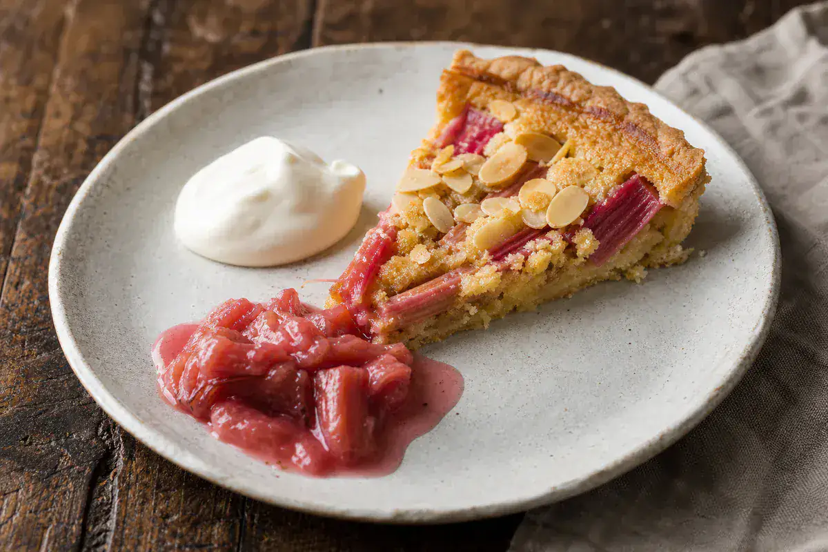 Yorkshire rhubarb and almond tart with crème fraîche