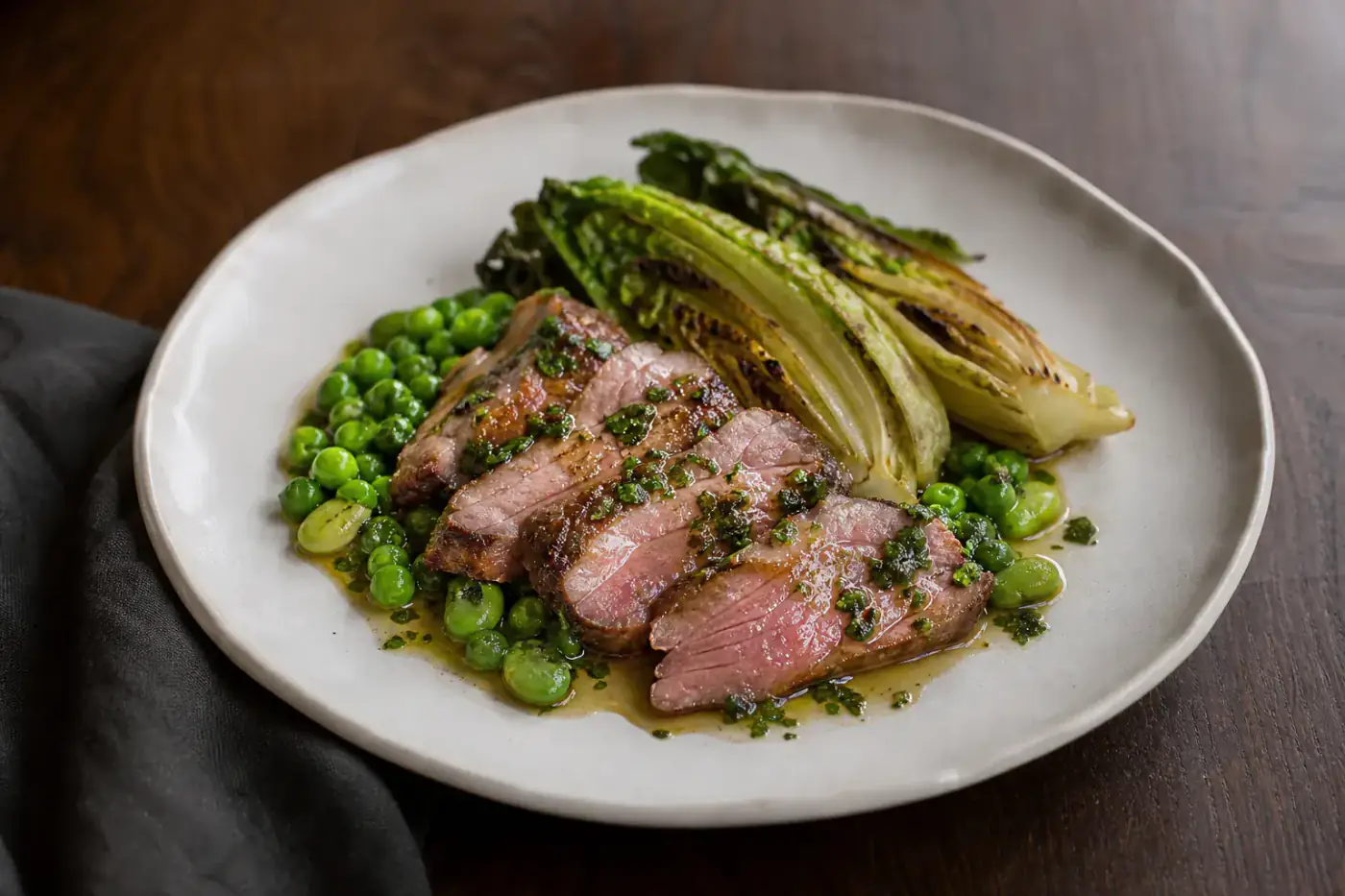 Yorkshire lamb rump with peas and charred little gem