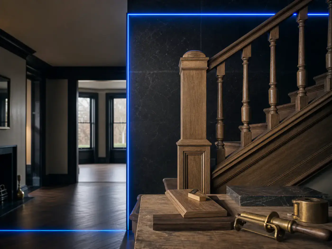 Craftsperson installing dark timber cabinetry in a refined home