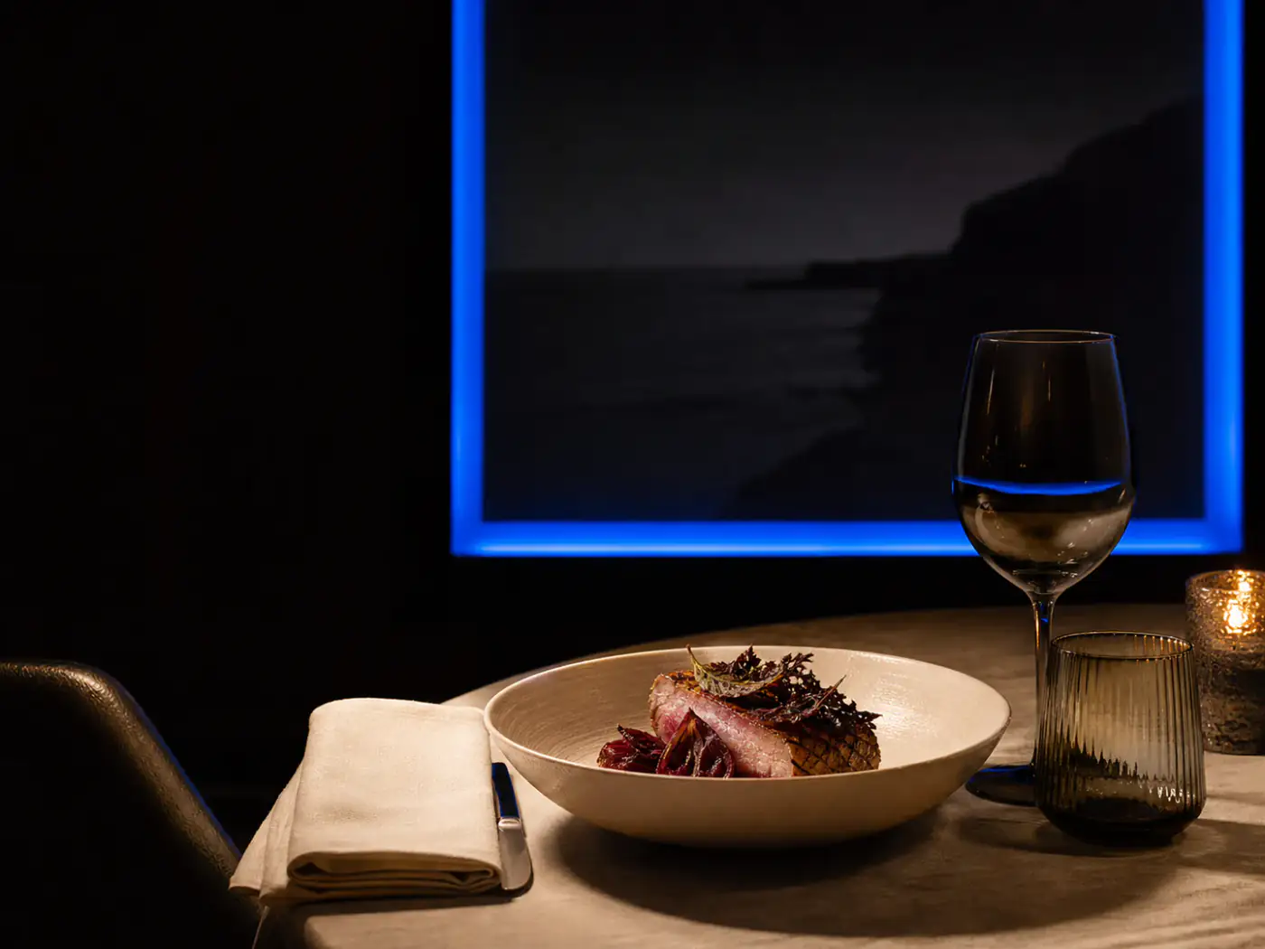 Moody editorial restaurant table by the North Yorkshire coast