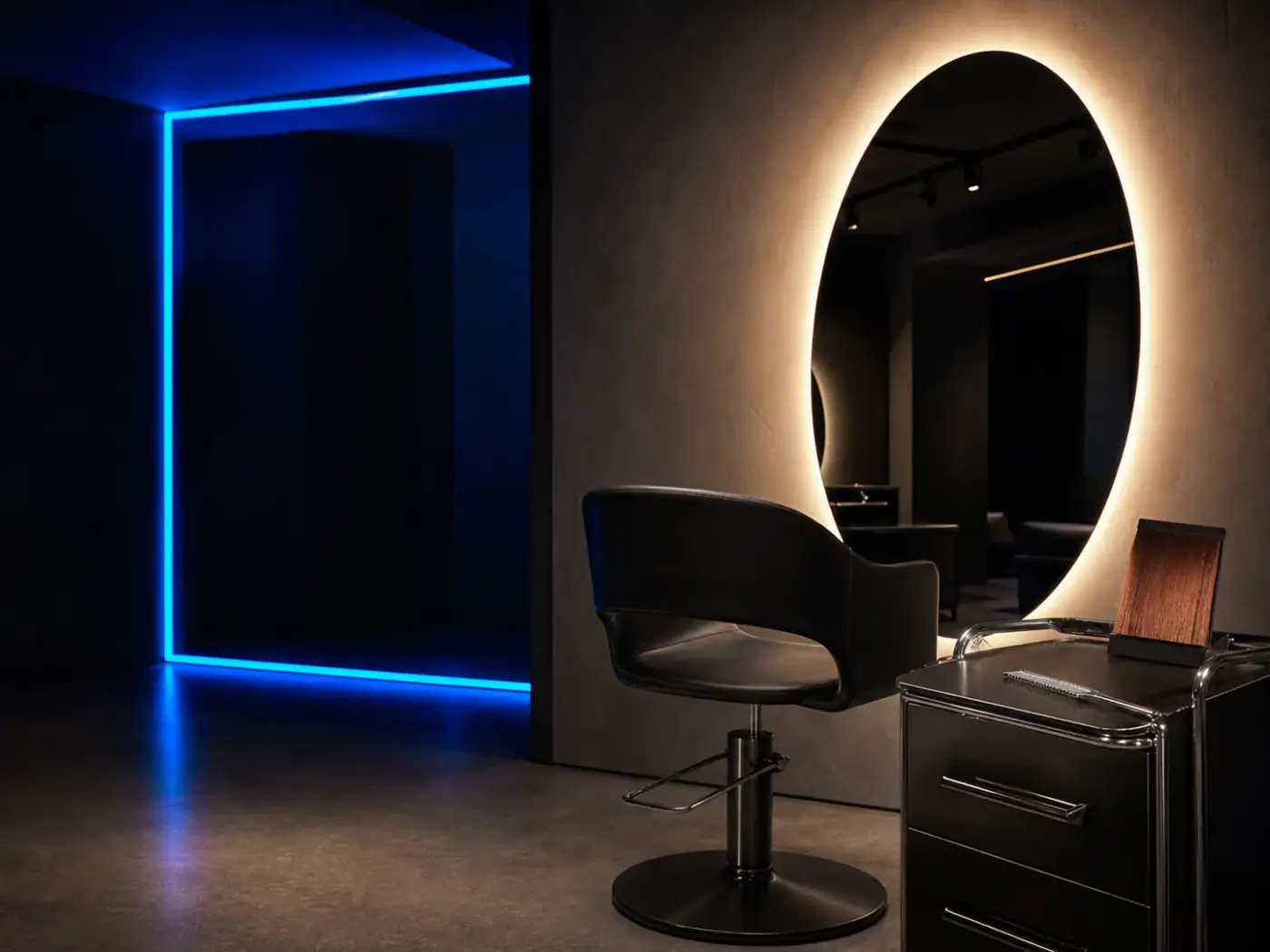 Refined contemporary hair salon with a sculptural colour portrait